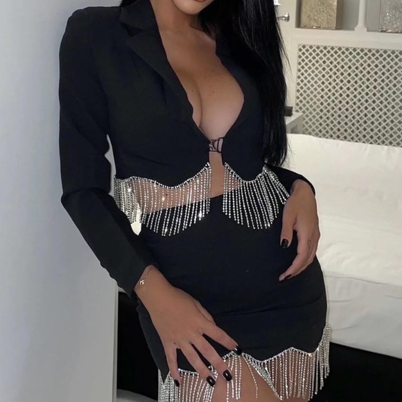 Rhinestone Fringe Point Collar Long Sleeve Coordinating Jacket & Crepe Skirt - Picture 1 of 13